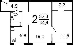 2-к квартира, на длительный срок, 46м2, 2/5 этаж