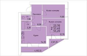 2-к квартира, строящийся дом, 55м2, 4/14 этаж
