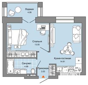 2-к квартира, вторичка, 39м2, 5/8 этаж