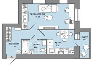 1-к квартира, вторичка, 38м2, 1/7 этаж