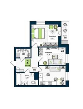 2-к квартира, вторичка, 57м2, 14/17 этаж