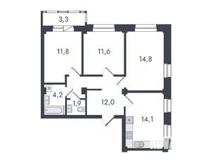 3-к квартира, вторичка, 74м2, 14/16 этаж