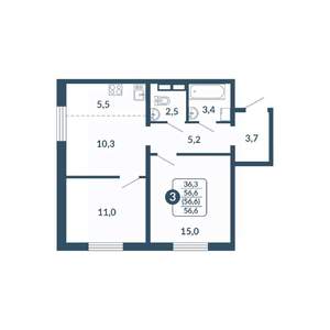 3-к квартира, вторичка, 57м2, 15/17 этаж
