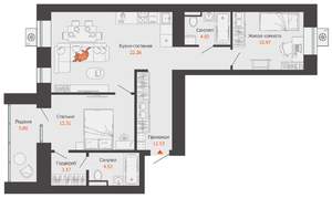 2-к квартира, строящийся дом, 74м2, 8/12 этаж