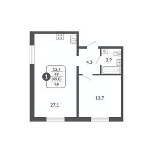 1-к квартира, вторичка, 49м2, 2/17 этаж