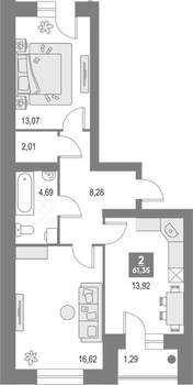 2-к квартира, вторичка, 61м2, 1/4 этаж