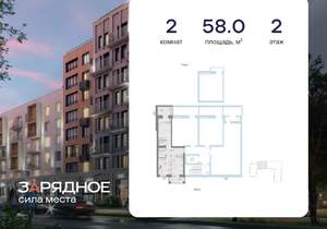 2-к квартира, вторичка, 58м2, 2/8 этаж