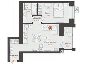 1-к квартира, вторичка, 47м2, 6/9 этаж