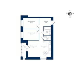 3-к квартира, строящийся дом, 61м2, 6/9 этаж