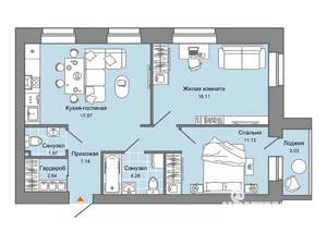 2-к квартира, строящийся дом, 62м2, 5/8 этаж