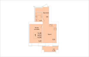 1-к квартира, строящийся дом, 44м2, 10/15 этаж