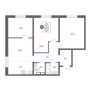 4-к квартира, вторичка, 83м2, 11/17 этаж