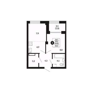 2-к квартира, вторичка, 35м2, 9/17 этаж