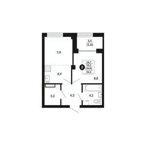 2-к квартира, вторичка, 35м2, 14/17 этаж