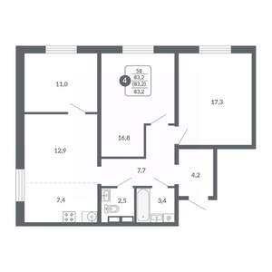 4-к квартира, вторичка, 83м2, 8/17 этаж