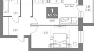 1-к квартира, вторичка, 43м2, 4/4 этаж