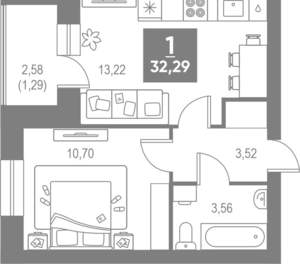 1-к квартира, вторичка, 32м2, 1/4 этаж