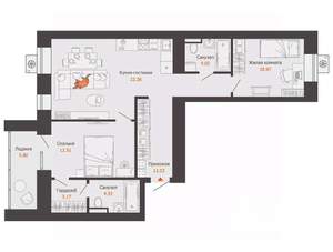 2-к квартира, вторичка, 73м2, 2/12 этаж