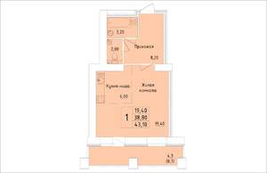 1-к квартира, вторичка, 43м2, 10/15 этаж