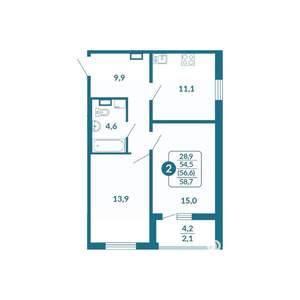 2-к квартира, вторичка, 57м2, 1/17 этаж