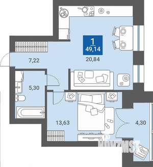 1-к квартира, вторичка, 49м2, 3/4 этаж