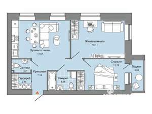 2-к квартира, вторичка, 62м2, 4/8 этаж