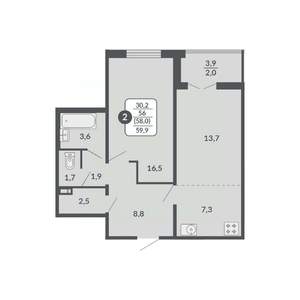2-к квартира, вторичка, 58м2, 1/17 этаж