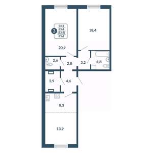 3-к квартира, вторичка, 83м2, 12/17 этаж