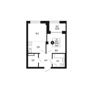 2-к квартира, вторичка, 35м2, 7/17 этаж