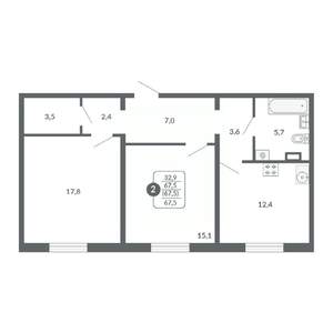 2-к квартира, вторичка, 68м2, 9/17 этаж