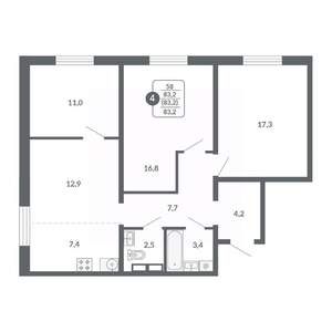 4-к квартира, вторичка, 83м2, 3/17 этаж