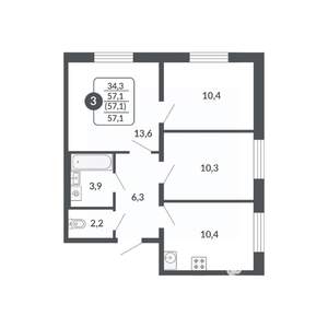 3-к квартира, вторичка, 57м2, 6/17 этаж
