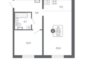 2-к квартира, вторичка, 53м2, 6/17 этаж