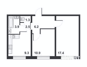 2-к квартира, вторичка, 52м2, 3/16 этаж