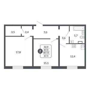 2-к квартира, вторичка, 68м2, 3/17 этаж