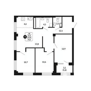 4-к квартира, вторичка, 73м2, 12/17 этаж