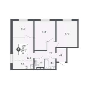 4-к квартира, вторичка, 83м2, 14/17 этаж