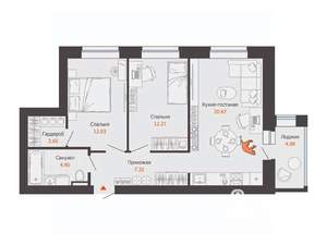 2-к квартира, строящийся дом, 62м2, 4/6 этаж
