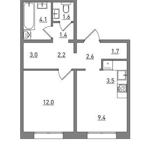 2-к квартира, вторичка, 42м2, 9/16 этаж