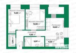 2-к квартира, вторичка, 62м2, 10/12 этаж
