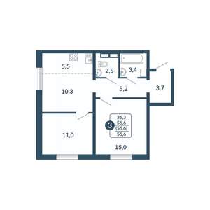 3-к квартира, вторичка, 57м2, 8/17 этаж