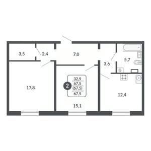 2-к квартира, вторичка, 68м2, 14/17 этаж