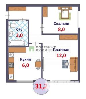 2-к квартира, вторичка, 31м2, 1/5 этаж
