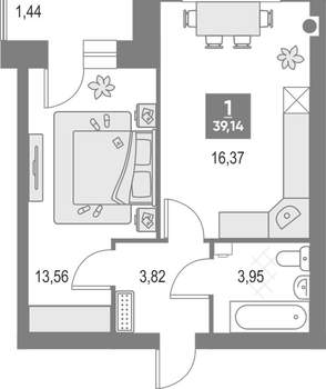 1-к квартира, вторичка, 39м2, 4/4 этаж
