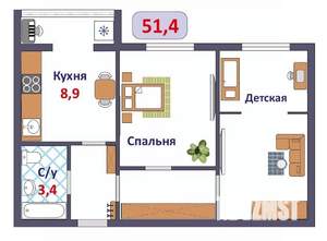 2-к квартира, вторичка, 51м2, 13/17 этаж