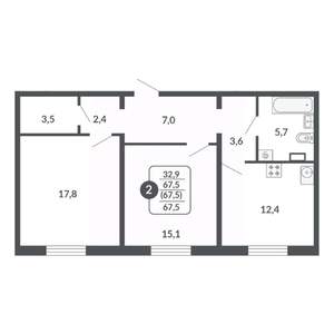 2-к квартира, вторичка, 68м2, 9/17 этаж