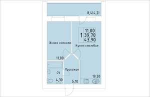 1-к квартира, строящийся дом, 44м2, 12/14 этаж