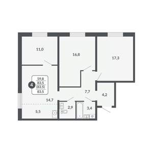 4-к квартира, вторичка, 84м2, 2/17 этаж