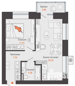 1-к квартира, строящийся дом, 43м2, 6/12 этаж