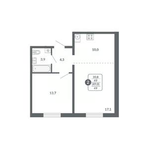 2-к квартира, вторичка, 49м2, 2/17 этаж